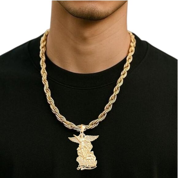 San Miguel St Michael Archangel Bling Crystal Pendant Miami Rope Torch Necklace - Picture 7 of 7